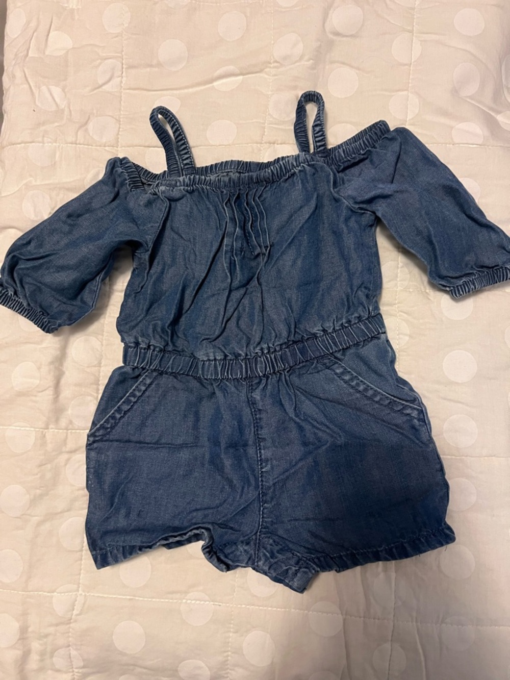 Girls Blue Denim Romper - Off-Shoulder Shortalls